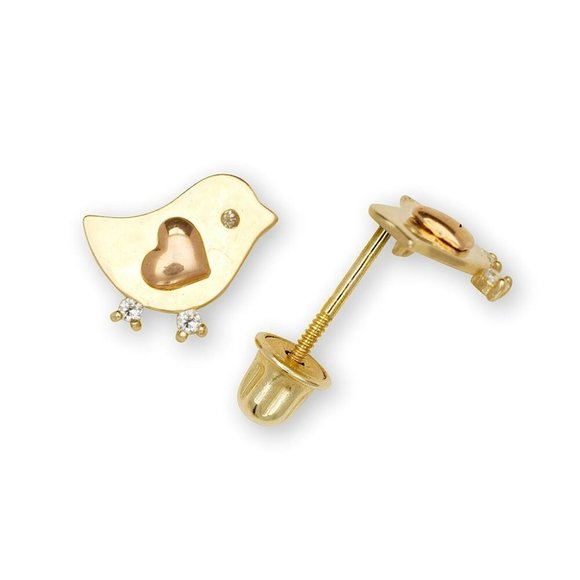14K Solid Gold Adorable 7mm Bird Studs Birdie Earrings With Rose Gold Heart